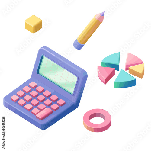 calculator, a yellow pencil with an eraser, a pie chart on a piece of paper, and a silver ring