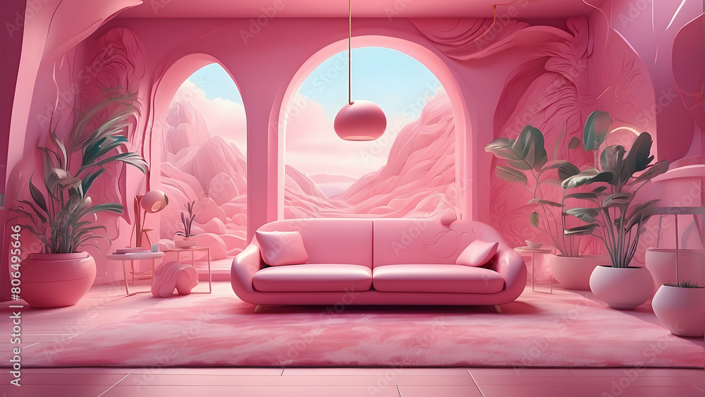 Pastel pink hues dominate this stylish modern living room illustration, featuring sleek furniture and indoor plants Pastel pink hues dominate this stylish modern living room illustration, featuring sleek furniture and indoor plants