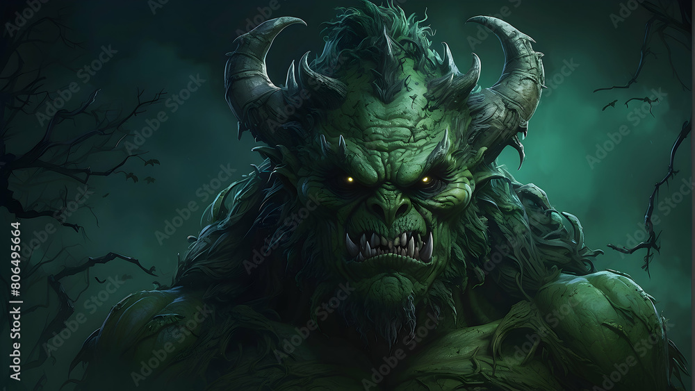 This artwork displays a fearsome, green-skinned monster with horns in a menacing dark fantasy setting