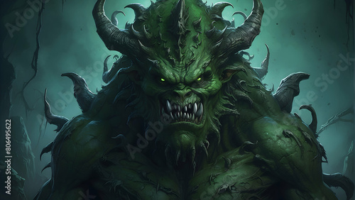 Fearsome and powerful green monster with large horns and fangs, emerging from the darkness in a surreal, fantasy environment