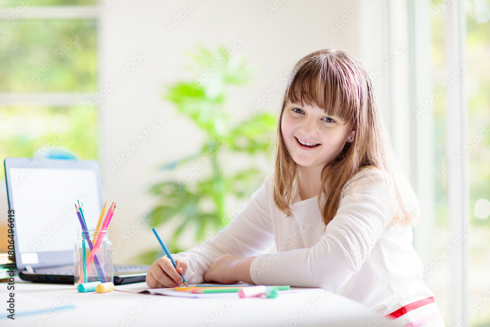 Online remote learning. School kids with computer. Online remote learning. School kids with computer.