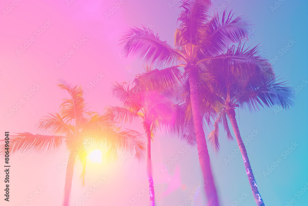 This retro-inspired photograph captures the essence of the '80s with its vibrant palm trees set against a dreamy sky backdrop. The pastel colors and soft focus add to the nostalgic charm