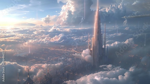 Produce a digital photorealistic artwork featuring a futuristic cityscape, with a long shot perspective drawing the eye towards a towering skyscraper piercing the clouds Emphasize the scale and grande