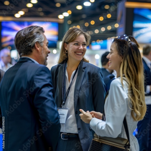 individuals in business casual attire as they laugh and chat together at an exhibition booth after the fair concludes captures the genuine connection and happiness shared among friends. © Surachetsh