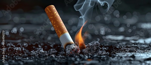 A close-up image of a cigarette burning on the ground. The cigarette is still lit and smoke is rising from it. The background is dark and out of focus. photo