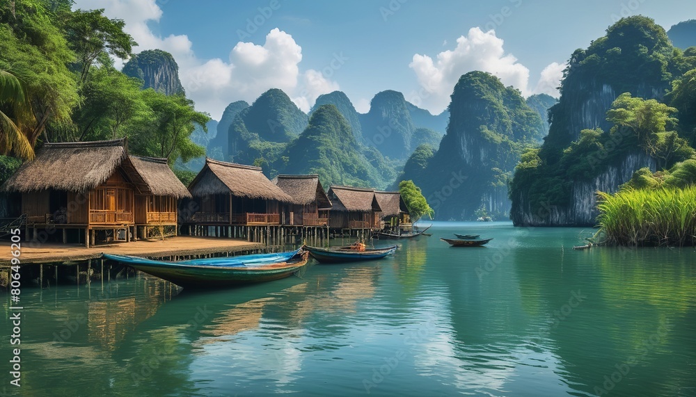 Fototapeta premium A Moment of Peace: Serene Lakeside Huts and Boats Offer a Tranquil Retreat