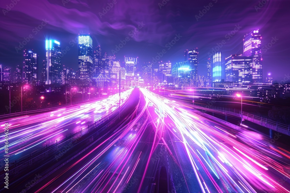 A purple neon cityscape with a long exposure of cars driving on a highway. A purple neon cityscape with a long exposure of cars driving on a highway.