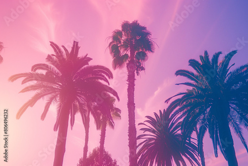 This retro-style photograph captures the timeless allure of palm trees set against a vivid backdrop of pink and purple hues in the sky. Reminiscent of vintage postcards and '80s aesthetics