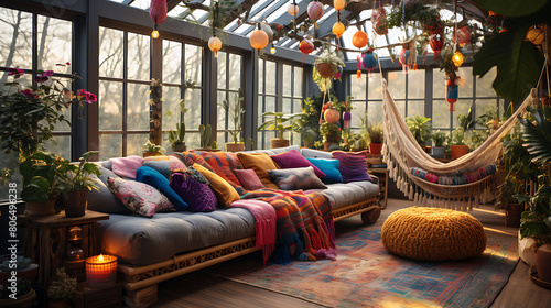 A vibrant Bohemian-style living room illuminated by twinkling fairy lights, featuring bold colors, a mix of patterned throw pillows, a vintage Moroccan rug, and an array of indoor plants. photo