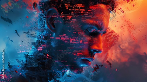 Produce a visually striking image of a man from above, intertwined with symbolic elements in a mesmerizing digital glitch art style, creating a modern and mysterious composition
