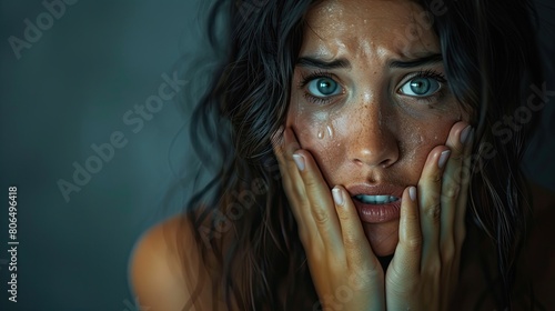 A young woman with long, dark hair is looking at the camera with fear in her eyes