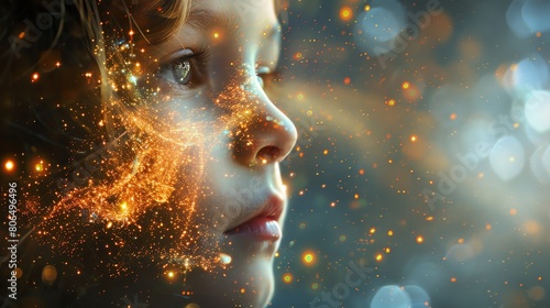 Transform a simple tilted angle view of a child into a captivating visual narrative with swirling particles that add depth and whimsy Choose a traditional art medium or digital rendering technique to