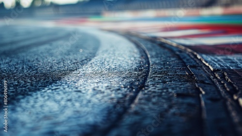 A close up of a race track with a white line on the ground. photo