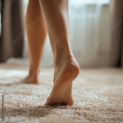 Back view. A close-up of a woman's bare lower legs and the back of her feet. The background is a blurred bright living room.