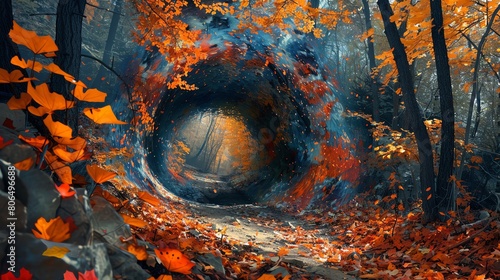 Visualize a forest trail disappearing into a tunnel of vibrant autumn leaves, creating a captivating blend of colors and textures in a slit-scan photograph that evokes a sense of enchantment and wonde