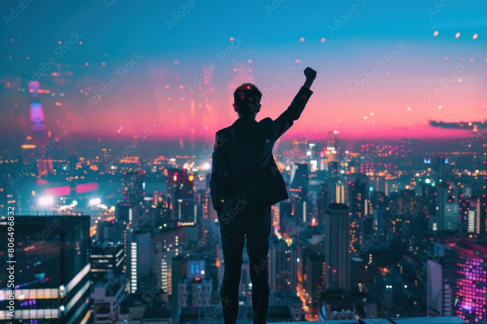Fototapeta premium A man is standing on a rooftop in a city, holding his arms up in the air. The city skyline is visible in the background, and the sky is a mix of blue and purple