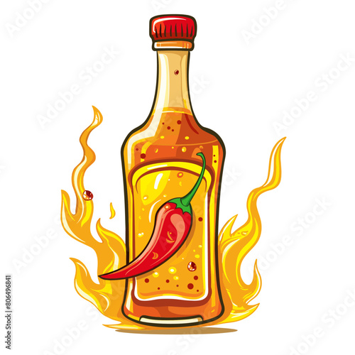 A commercial illustration of a hot sauce bottle with a red chili pepper and flames