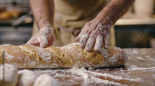 A baker expertly shaping a long slender loaf of bread their movements precise and fluid.