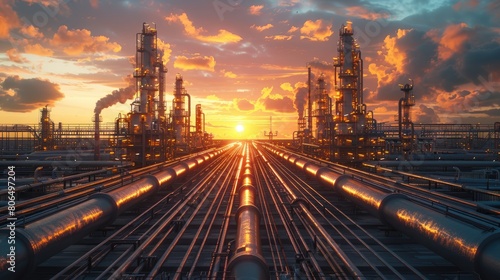 Oil and gas pipelines in industrial area at sunset. photo