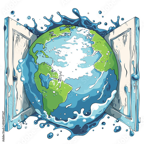 cartoon illustration of a blue globe with a door on its side. Crystal clear water pours out of the open door, creating a wave