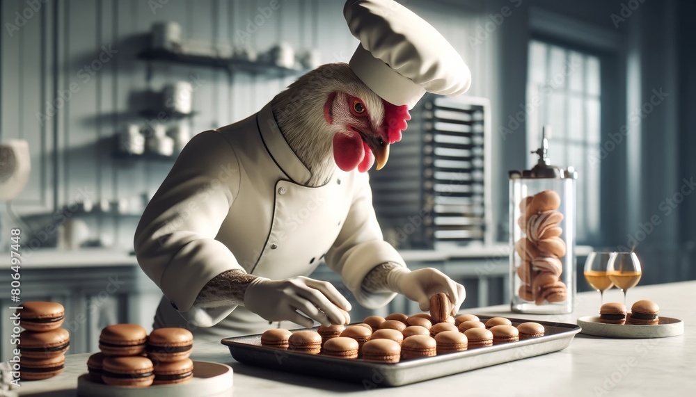 A chicken wearing a chef's hat and apron is carefully placing macarons on a baking sheet. A chicken wearing a chef's hat and apron is carefully placing macarons on a baking sheet.