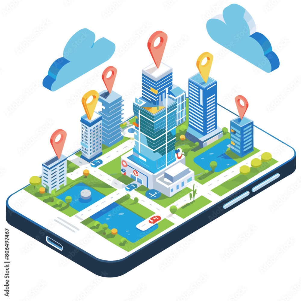 isometric illustration of a smart city with interconnected buildings, solar panels, electric vehicles, and people using mobile devices