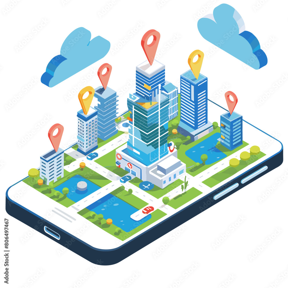 isometric illustration of a smart city with interconnected buildings ...