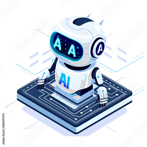black and white illustration of a humanoid robot standing on top of a personal computer