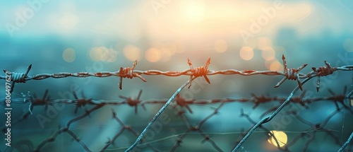 rusty barbed wire against the blurred background of the city lights photo