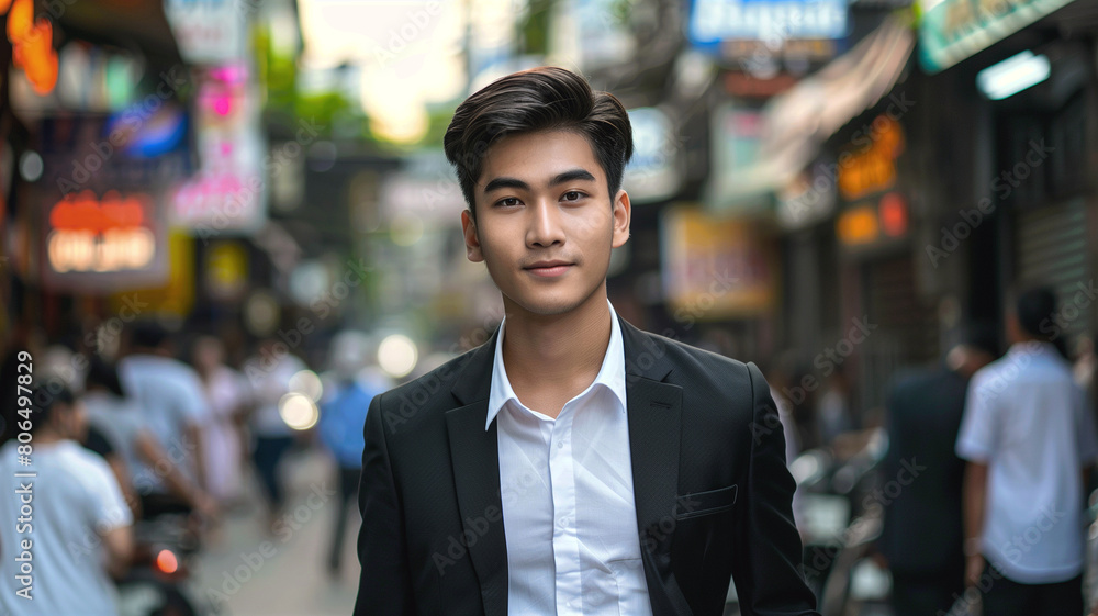 Portrait of asian handsome and smart businessman with people on background Portrait of asian handsome and smart businessman with people on background
