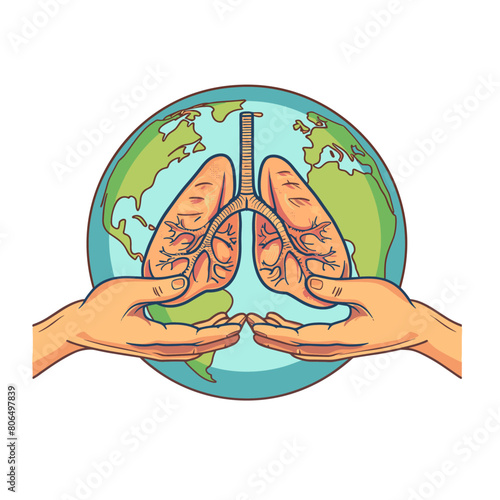 pair of human hands cupping a pair of lungs in front of a blue and green globe