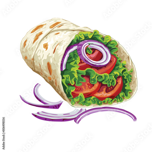 lunch wrap filled with tomatoes, lettuce, and onions. The wrap is cut in half
