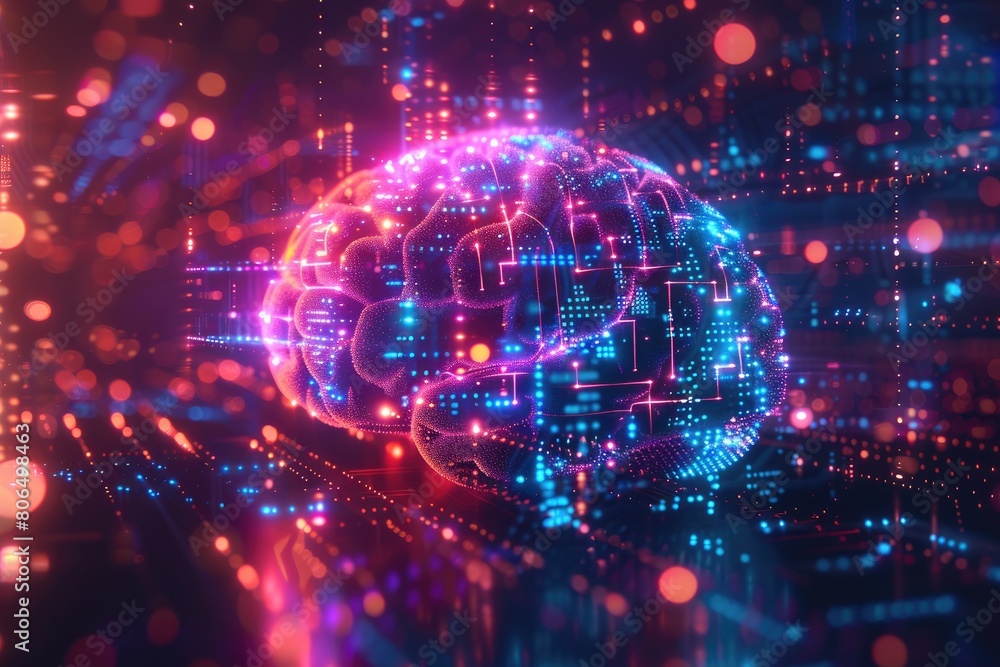 The image shows a glowing blue and pink brain. The brain is made up of tiny dots of light. The image shows a glowing blue and pink brain. The brain is made up of tiny dots of light.