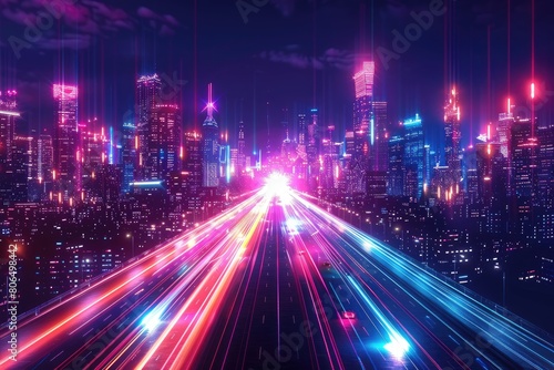 The image shows a futuristic city at night with a glowing purple and blue highway running through it.