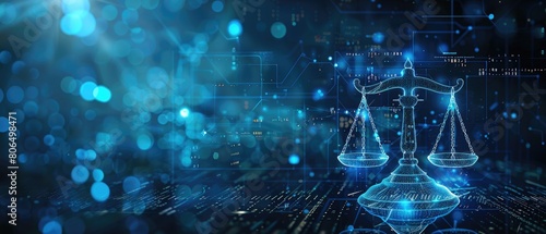 The image shows a glowing blue scale, representing the balance of justice