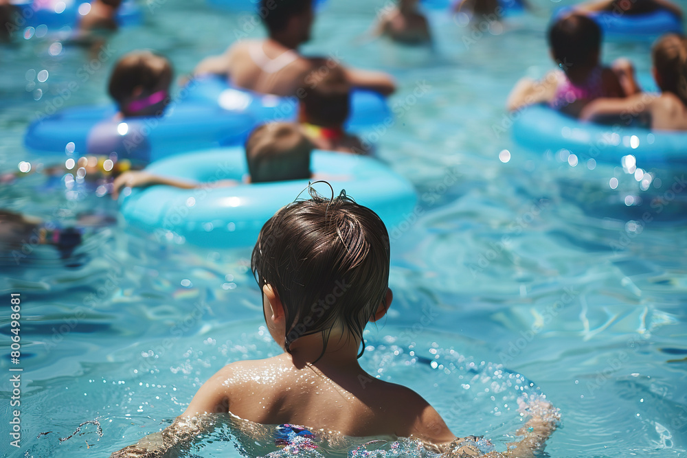 Obraz premium Summer Pool. Children enjoying pool party with inflatable tubes