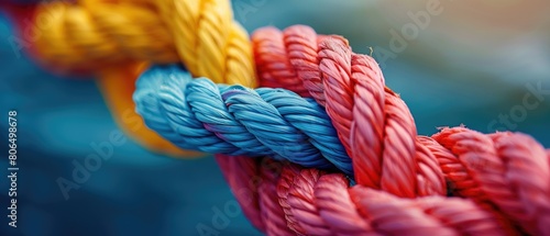 The image shows three ropes of different colors, blue, yellow and red, tightly intertwined