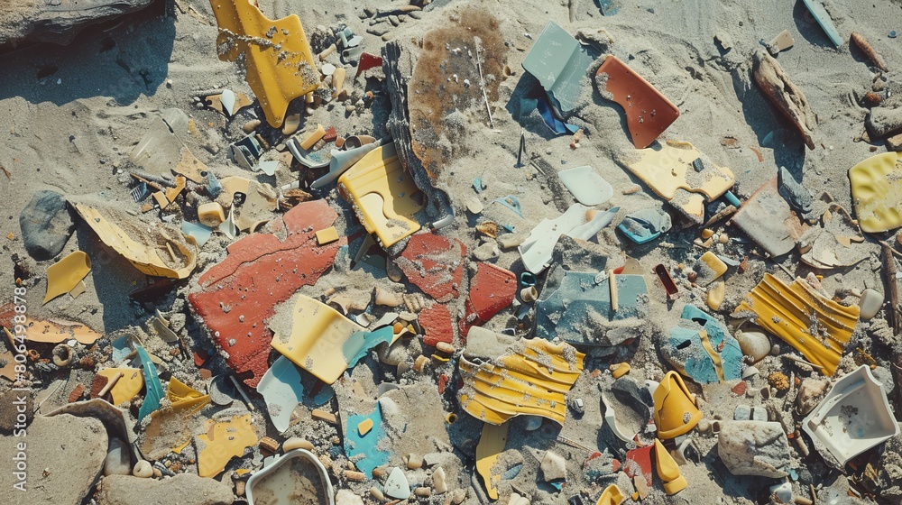 Stark image of weathered plastic parts and colorful residues scattered across a sandy landscape, showcasing environmental impact Stark image of weathered plastic parts and colorful residues scattered across a sandy landscape, showcasing environmental impact