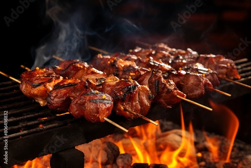 Grilled meat on barbecue grill with flames and smoke on background.