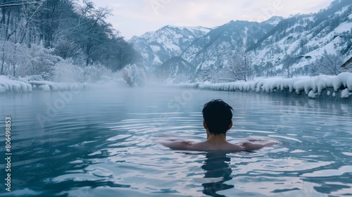 A man taking a dip in a hot spring surrounded by snowcovered mountains and the serene beauty of the winter landscape.