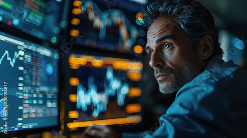 Stock trading: Trader monitoring stock prices and market fluctuations on a computer screen. photo