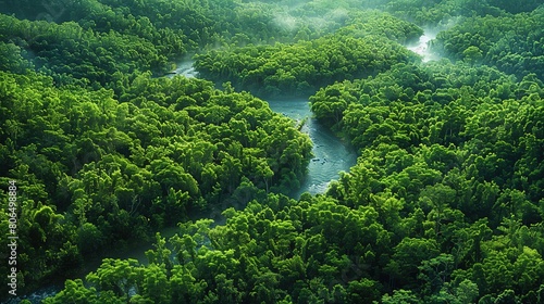 From an aerial view  a lush green forest with a river and hills stretches below. Aesthetic landscape. Generative AI