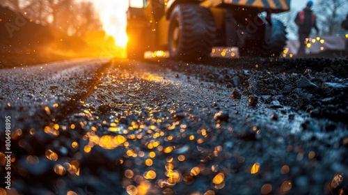 The photo shows a close-up of a road surface with the sun reflecting off the asphalt. The road is being paved and a worker is using a machine to spread the asphalt. photo