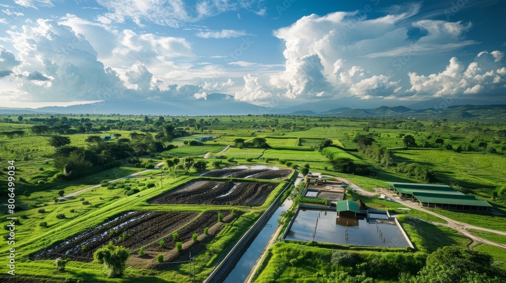 Fototapeta premium Panoramic view of a modern farm integrating animal waste management systems to improve soil health and boost agricultural productivity