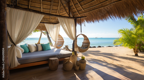 Beachfront cabana with a thatched roof, hammocks, and a sandy floor leading to the ocean, photo
