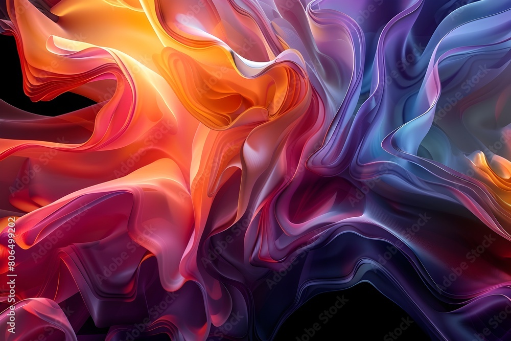 Obraz premium Radiant Amorphous Blobs of Intense Flowing Colors Coalescing in a Mesmerizing Display of Light and Motion on a Plain Black Background