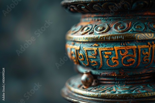 Tibetan prayer wheel with text space  photo