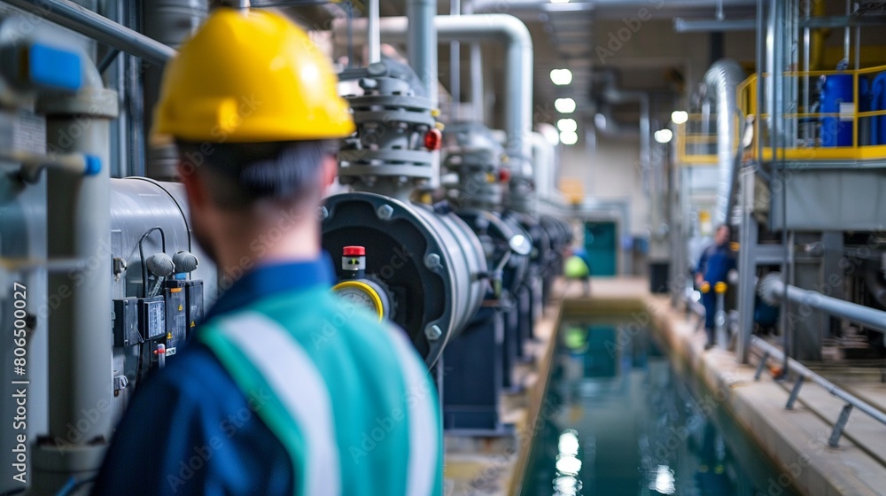 Service engineer conducting a routine inspection in a wastewater treatment environment surrounded by complex pump systems and water treatment machinery Service engineer conducting a routine inspection in a wastewater treatment environment surrounded by complex pump systems and water treatment machinery