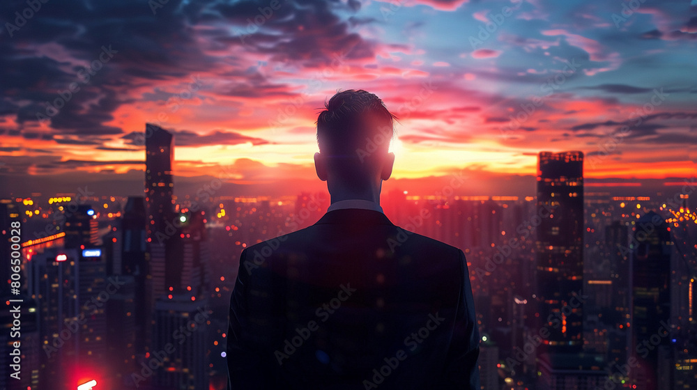 Visionary entrepreneur with city lights and skyscrapers merging into a dusk sky portraying the height of business success Visionary entrepreneur with city lights and skyscrapers merging into a dusk sky portraying the height of business success