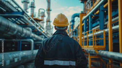 Rear view of an engineer in a hardhat and uniform inspecting the complex network of pipelines and racks at a petroleum facility